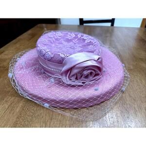 VTG Kathy Jeanne Womens Pink Lace Hat Floral rose Rhinestone Church Derby